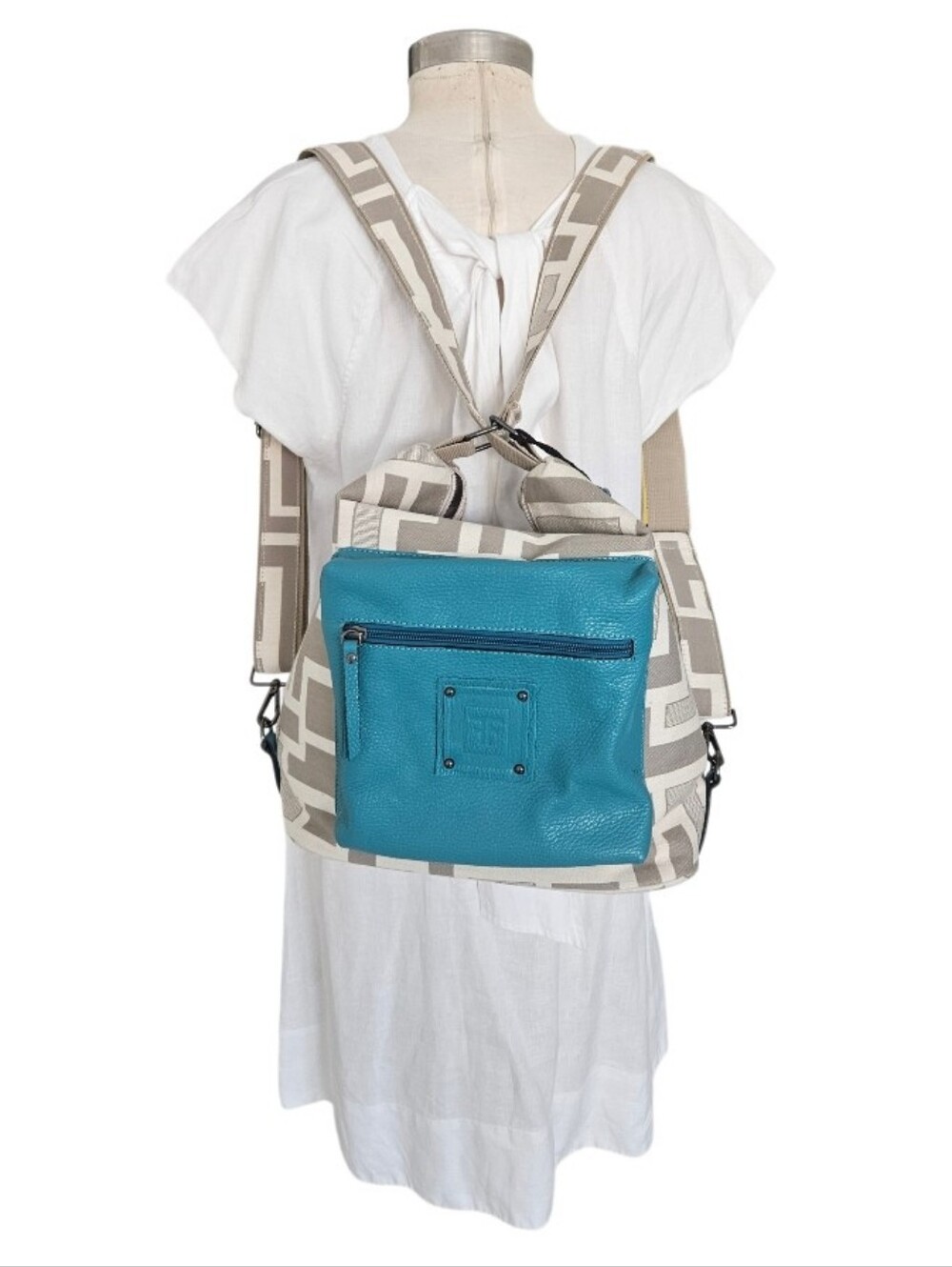 Forest Canvas Geo-Pattern Backpack -Sholder Bag with Teal Leather Pocket - Picture 11 of 16